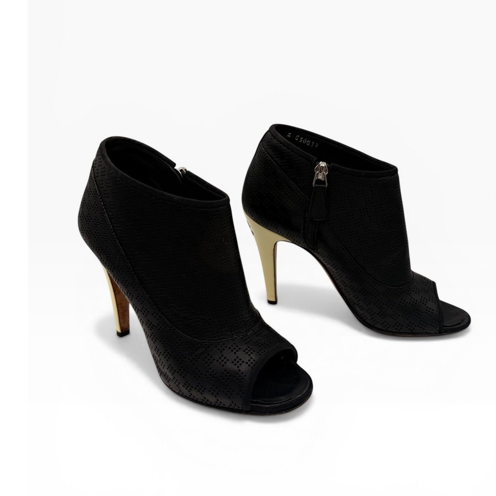 Chanel CC Heel Peep Toe Booties COA 37.5 Black Gold Perforated Leather 4" BOX - Picture 4 of 12
